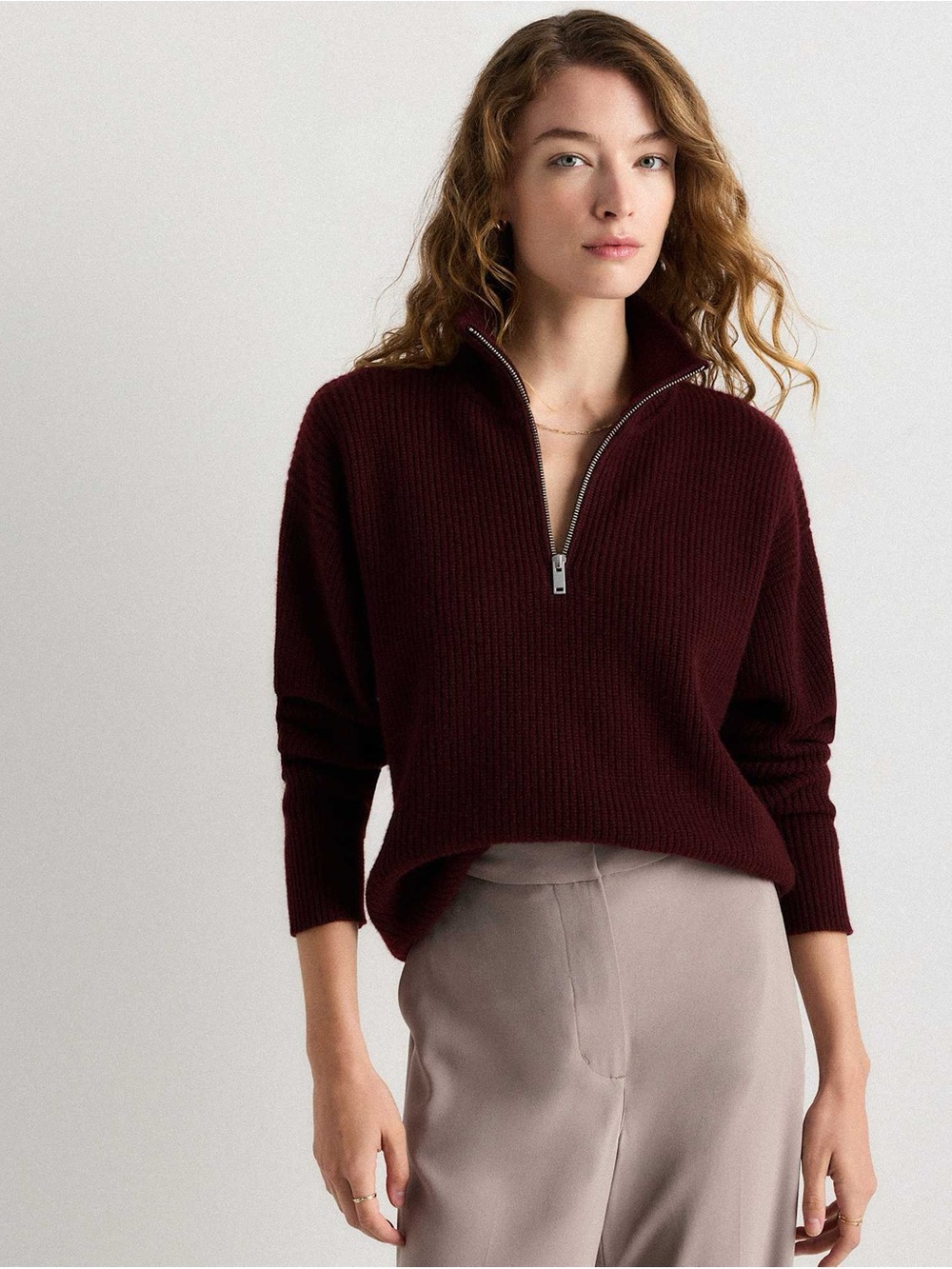 Quince NWT 100% Cashmere Fisherman Quarter Zip Sweater M Burgundy Quiet Luxury